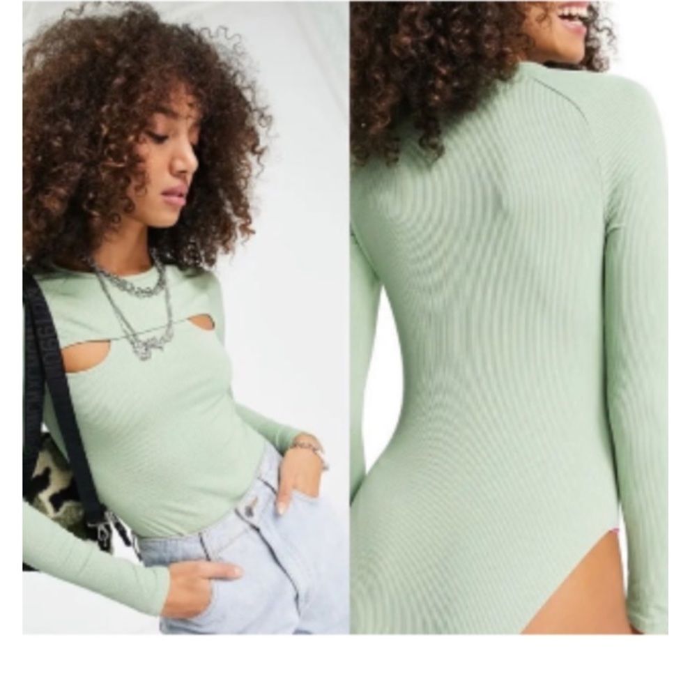 New TopShop Green Long Sleeve Bodysuit With Cut Outs